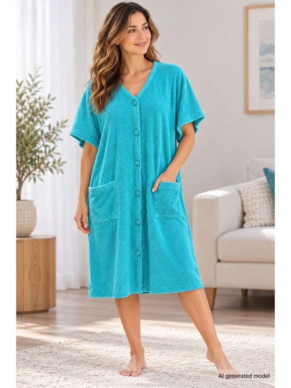 Comforts By Shadowline Turquoise Terry Cloth Button-Front Lounge Dress With Pock